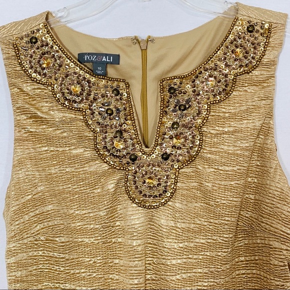 Gold Ruched Elegant Dress Embellished Neckline 10 - Picture 3 of 8